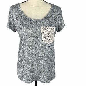 BKE Knit Top Women Size Small Gray Burnout Fabric Ivory Crocheted Front Pocket